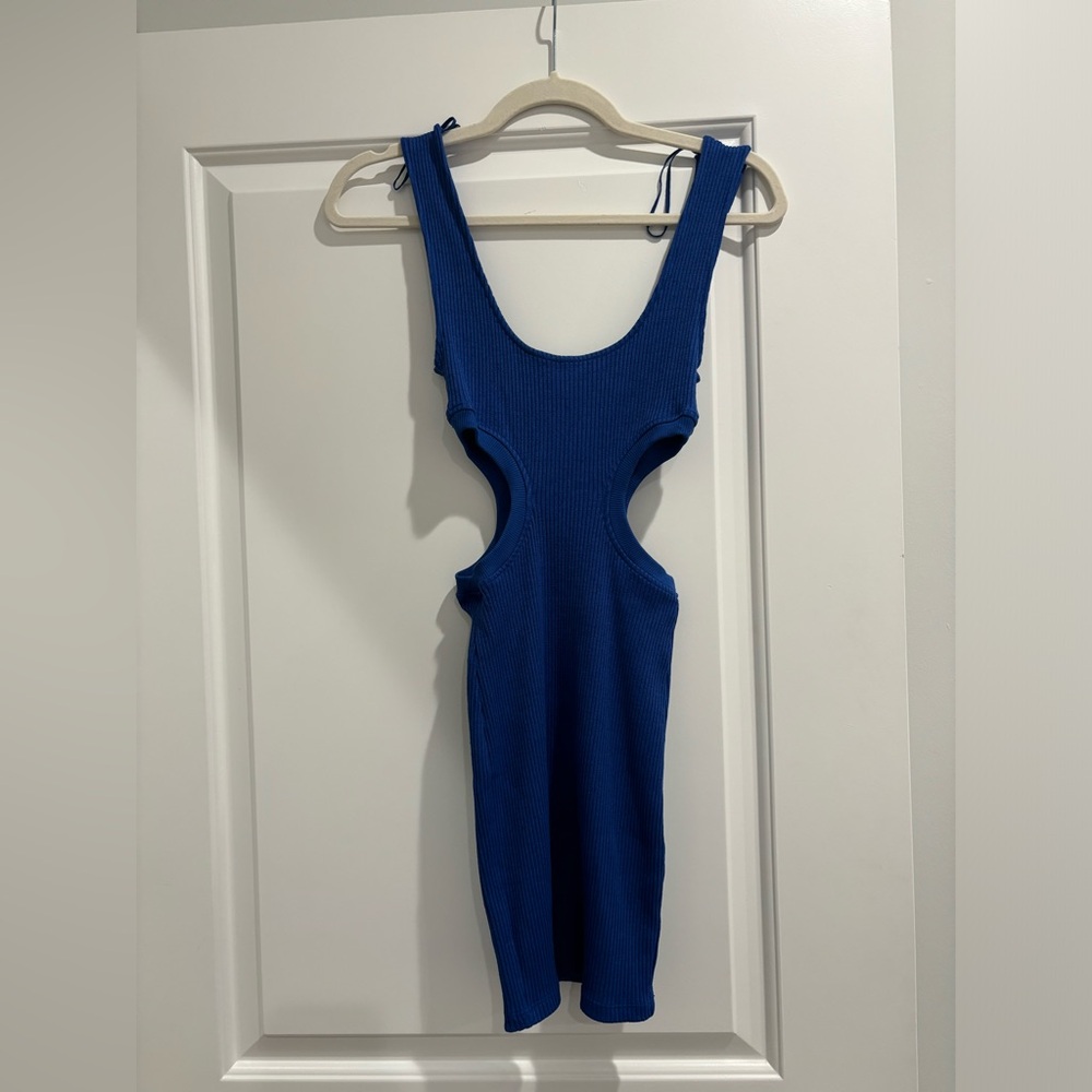 Zara Stretchy Knit Bodycon Mini Dress with Side Cut Outs in Blue